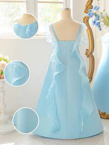Tween Girls Elegant Flower Girl Dress, Solid Color Spaghetti Strap V-Neck Ruffle Formal Evening Wedding Bridesmaid Dress, Performance Birthday Party Christmas Ball Gown For 8-12 Years Old - Blue - View 10