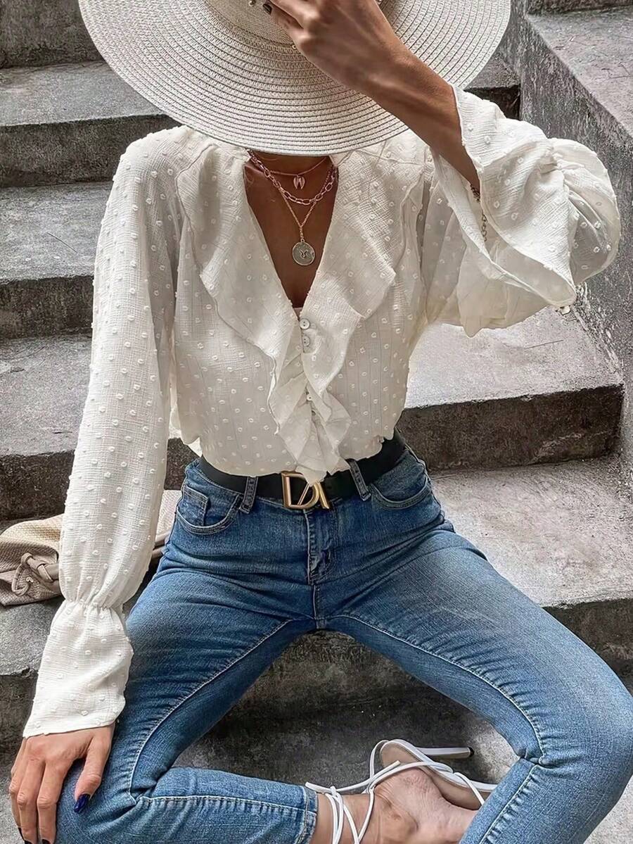 Women's White Bell Sleeve Blouse, Semi-Sheer Regular Fit Top, Suitable For Spring And Autumn - Off White - View 1