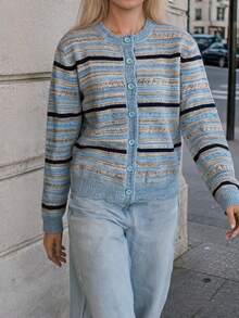 New Autumn/Winter Women's Casual Minimalist Soft Striped Frayed Edge Knit Cardigan Jacket - Baby Blue - View 4