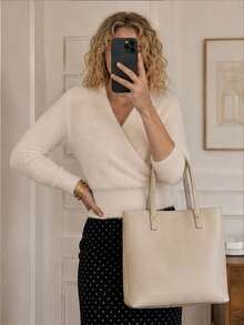 Wrap Cross V Neck Fuzzy Ribbed Waist Cropped Knit Sweater - Apricot - View 3
