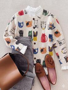 Women's Animal Print Knit Cardigan, Decorated With Cute Cat Print And Button Details, Autumn Outfit, Casual Style Outfit, Office Outfit. Fall - Apricot - View 3