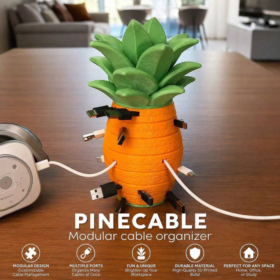 Pineapple Shaped Stackable Cable Organizer, Creative 3D Printed Cable Management Clip, Anti-Tangle USB-C/Micro USB Charging Cable Holder, Home Office Desktop Decorative Accessory - View 1