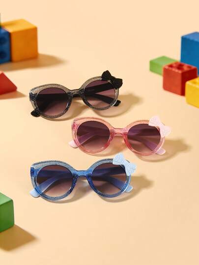 3PCS Kids 3-8Y Variety Oval Frames 3D Bow Knot Glitter Detail Durable PC Playful Fashion Glasses For Back‑To‑School Casual Activities