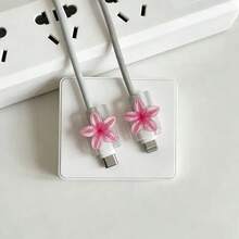 2PCS Cable Data Line Protector, Charging Cable Anti-Breakage, Resin Material, No Battery Required, Suitable For Type-C-Type-C, For Type-C- - 2pcs Deep Pink Plumeria - View 7