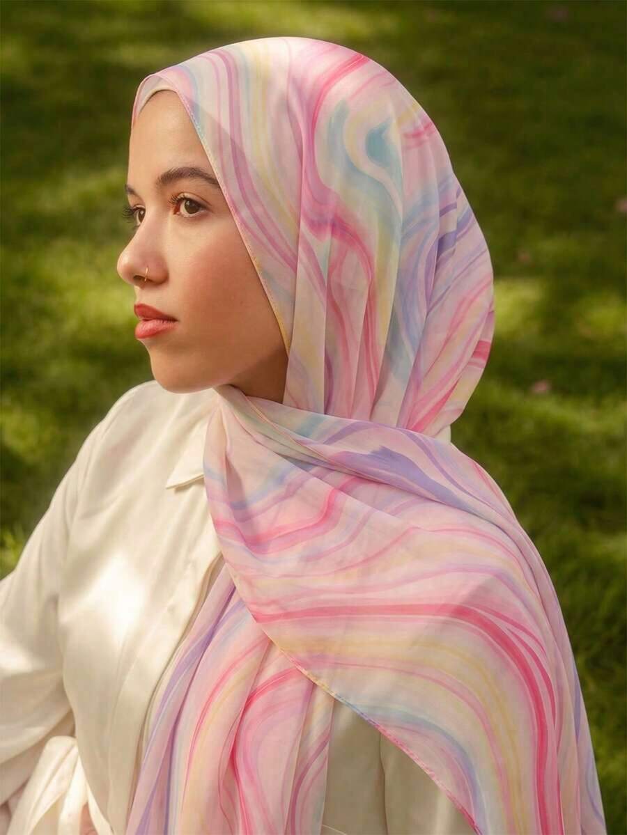 1pc Marble Gradient Chiffon Muslim Women's Hijab Headscarf, Colorful Wave Print Lightweight Soft Shawl Headscarf, Suitable For Daily Wear - Multicolor - View 1
