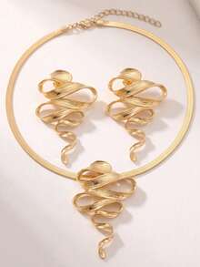 2pcs/Set European And American Luxury Style Gold Snake Bone Chain Set, Featuring 3D Wavy Twisted Texture Pendant And Earrings Design, Suitable For Women Pursuing Elegant Dynamism And Fashionable Aura - Yellow Gold - View 4