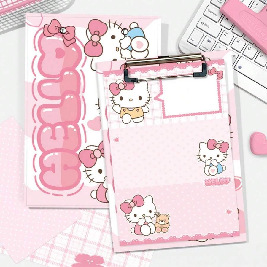 1 Clipboard + 50 Sticky Notes KT Cat Clipboard A5 Colorful Heart Cat Design, Writing Memo Clipboard, Suitable For Student Classroom Notes, Office Meeting Memos, Daily Handwritten Document Organization - A - View 1