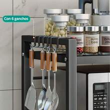 Rejilla extensible de 3 niveles para horno microondas de cocina color negro, organizador multifuncional para electrodomésticos, platos, especias y utensilios, diseño ajustable que aprovecha el espacio vertical de la encimera, estructura resistente y estable, ideal para cocinas pequeñas, fácil de montar y limpiar, - Negro - Ver 4