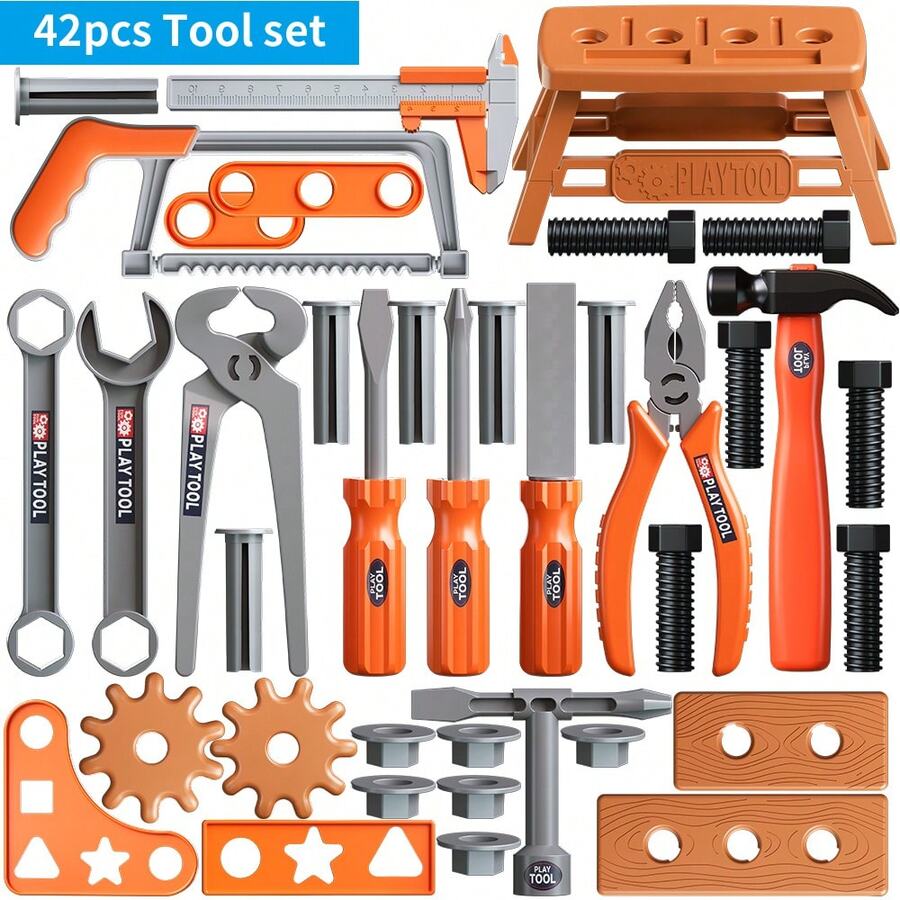 42/43/46/55pcs Kids Pretend Play Tool Box Toy Set DIY Assembly Simulation Screw-Turning Electric Drill Toy Kit Includes Disassembly And Assembly Tools, Screws, And Simulated Repair Kit Best Birthday Gift For Boys No Batteries Included - Orange - View 1