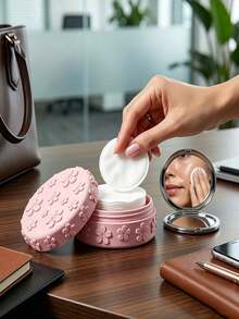 1pc Embossed Cherry Blossom Makeup Pad Storage Box With Lid, Dust-Proof Makeup Storage Jar, Moisture-Proof, Suitable For Makeup Pad, Makeup Sponges, Powder Puffs, Rings, Earrings, Necklaces And Other Small Items, Girly Style Makeup Storage Box - Multicolor - View 3