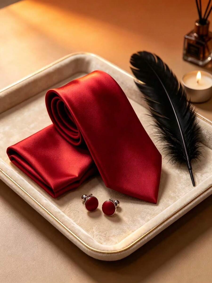 1 Set Silk Solid Color Tie, Pocket Square, Cufflinks 3 Pieces Set Suitable For Business Casual, Wedding, Banquet - Burgundy - View 1