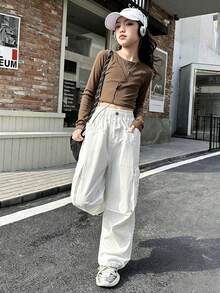 New Style Girls' Utility Pants, Casual Solid Color Trousers For Older Tween Girl - Beige - View 2