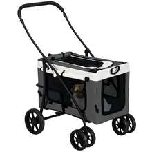 PawHut 2-In-1 Dog Stroller, Foldable Dog & Cat Buggy, Up To 10 Kg, Grey | Cat Stroller, Cushion, Mesh Window, Doors, Storage Basket, Cat Wagon, Buggy - Light Grey - View 2