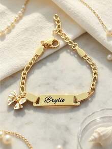 Customized Stainless Steel Laser Engraved Personalized Name Bow Bracelet, Cute Unisex Fashion Jewelry, Unique Gift For Boys Girls Graduation Back To S - Multicolor - View 3