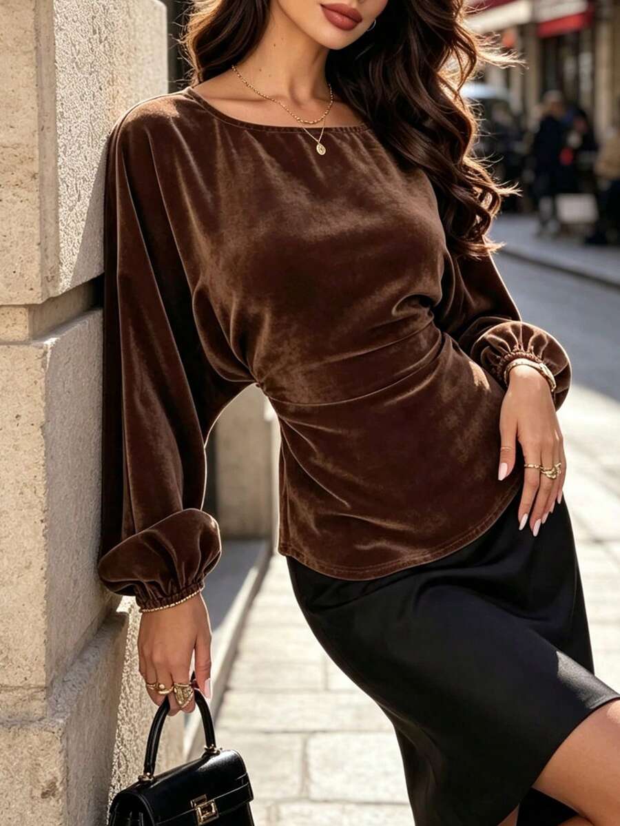 DONICY Atasan Wanita Lengan Panjang Model Lentera Kerah Bulat dengan Manset Elastis Bahan Beludru Cokelat, Kaos Dasar Longgar dan Lembut, Cocok untuk Pakaian Sehari-hari Musim Gugur/Dingin - Coffee Brown - View 1