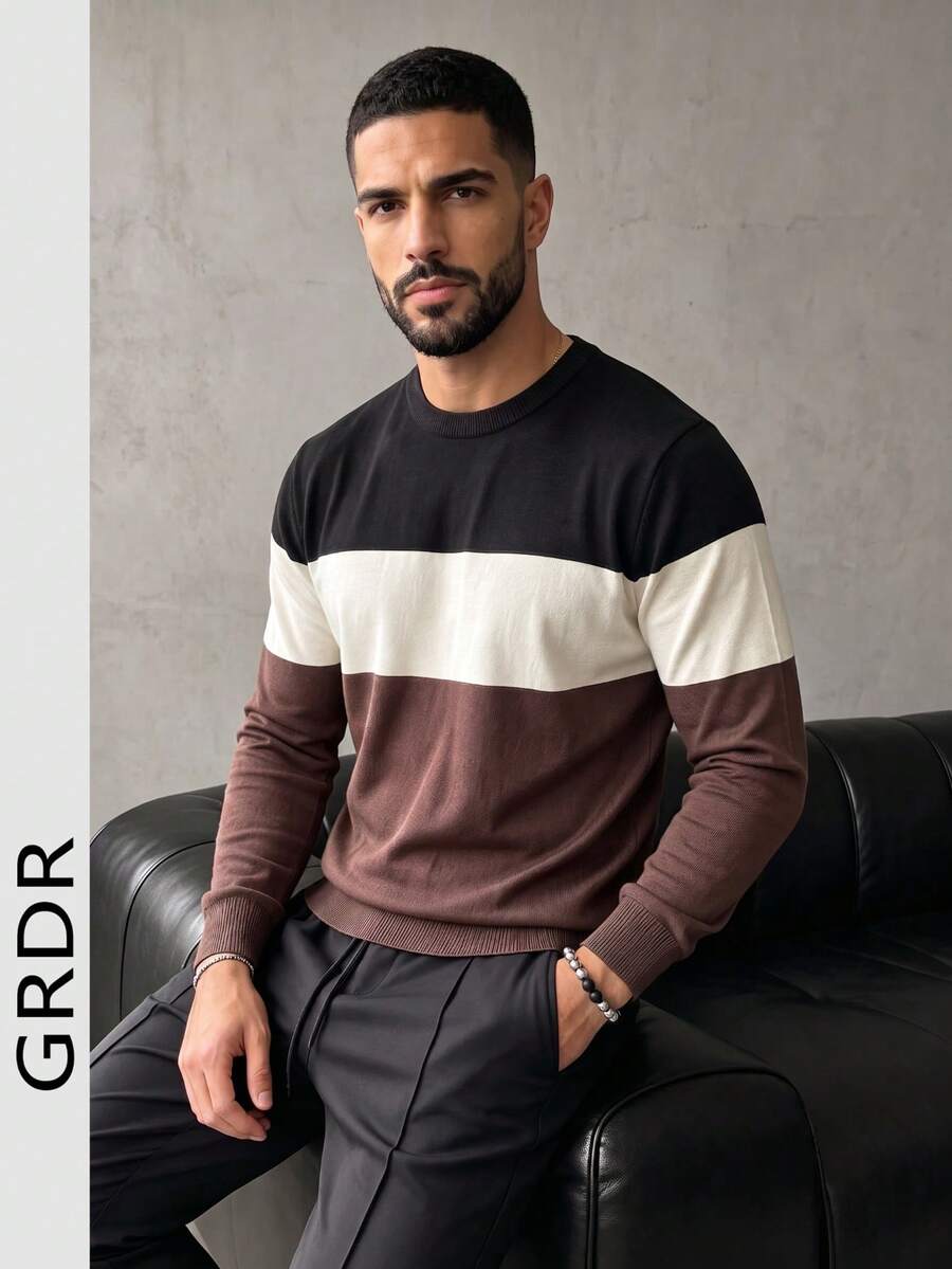 GRDR ملابس علوية علوي رجالي جديد بتصميم كتل لونية وخطوط، ياقة طاقم، أكمام طويلة، محبوك - كاجوال للتنقل اليومي - بني - مشاهدة 1