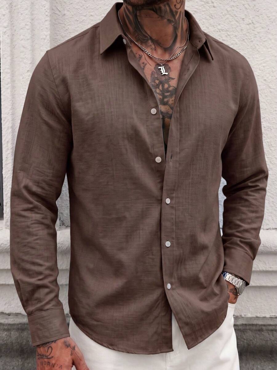 Men's Solid Color Casual Versatile Daily Wear Long Sleeve Shirt - Brown - View 1