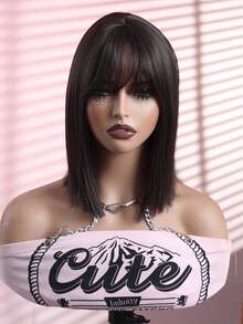 Halloween Straight Hair Wig With Bangs 10 Inch Black-Brown/12Inch Blonde Highlight,Rose Mesh Hat,Suitable For Women,Aesthetic Synthetic Hair Wig,Wig Suitable For Halloween,Suitable For All Races,Retouch Your Face,Perfect Halloween Cosplay Essential - Multicolor - View 4