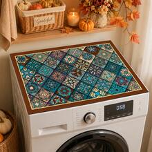 Luckybutterfly 1pc Vintage Moroccan Tile Patchwork Washing Machine Top Cover Mat, Anti-Slip Anti-Dust Drum Washer Dryer Countertop Protector, Laundry Room Decor Mat - Multicolor - View 1