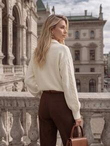 NiceArt Pull en tricot de laine à col demi-zip pour femmes, manches longues avec tricot torsadé sur les côtés, style décontracté ample, pull chaud pour l'automne/l'hiver - Blanc - Voir 6