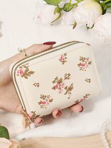 Fashionable Women's Printed Simple Wallet, Coin Bag, Double Zipper Portable Short Bag, Large Capacity Multifunctional Card Bag Wallet - Beige - View 10