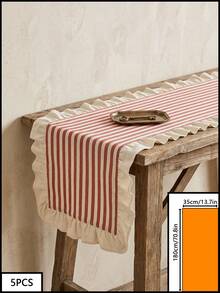 1pc Red & White Striped With Beige Ruffle Edge Table Runner, Natural Rustic Style, Long Rectangular Shape With Ruffle Edge Detail, Decorative Functional Dining Table Runner Suitable For Tea Ceremony Arrangement And Natural Home Decor Scenes - Red - View 15