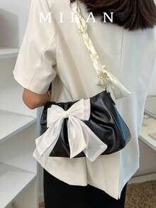 Women's Bow Decor Pleated Chain Shoulder Bag - Black - View 1