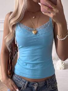 SCARLUX Summer & Autumn Y2K Women's Basic Lace Patchwork V-Neck Camisole, Slim Fit, Suitable For Back To School Season Casual Wear - Blue - View 3