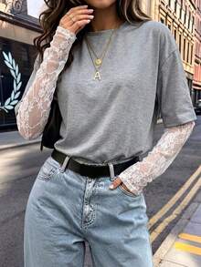 New Fashion Lace Patchwork Loose Colorblock T-Shirt, Solid Color Knit Fabric Lace Patchwork T-Shirt, Casual Style For Campus, Daily, Street, Back To School, Party - Grey - View 3