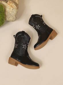 1 Pair Brown Mid-Calf Girls' Vintage Embroidered Fashion Western Cowboy Boots - Black - View 4