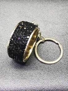 AD 1 st bilnyckelring i zinklegering med strass, hjuldesign, bilnyckel-hängsmycke, bilnyckeltillbehör - Svart - Visa 2