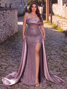 Women's Plus Size Elegant Charming Strapless Cold Shoulder Sequin Beaded Mermaid Long Dress, Side Slit, Suitable For Evening Party And Ball - Purple - View 4