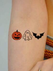 1 tờ hình xăm dán tạm thời mini Halloween, kết hợp bí ngô ma và dơi, decal nghệ thuật cơ thể đơn giản dễ thương cho nữ, dán cổ tay ngón tay cẳng tay, trang trí Halloween - Nhiều màu - Xem 2