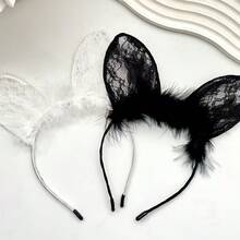2pcs Korean Cute Lace Rabbit Ear Headband For Women, Influencer Face Wash Hair Hoop, Sexy Rabbit Ear Cosplay Makeup Hair Accessory - Multicolor - View 1