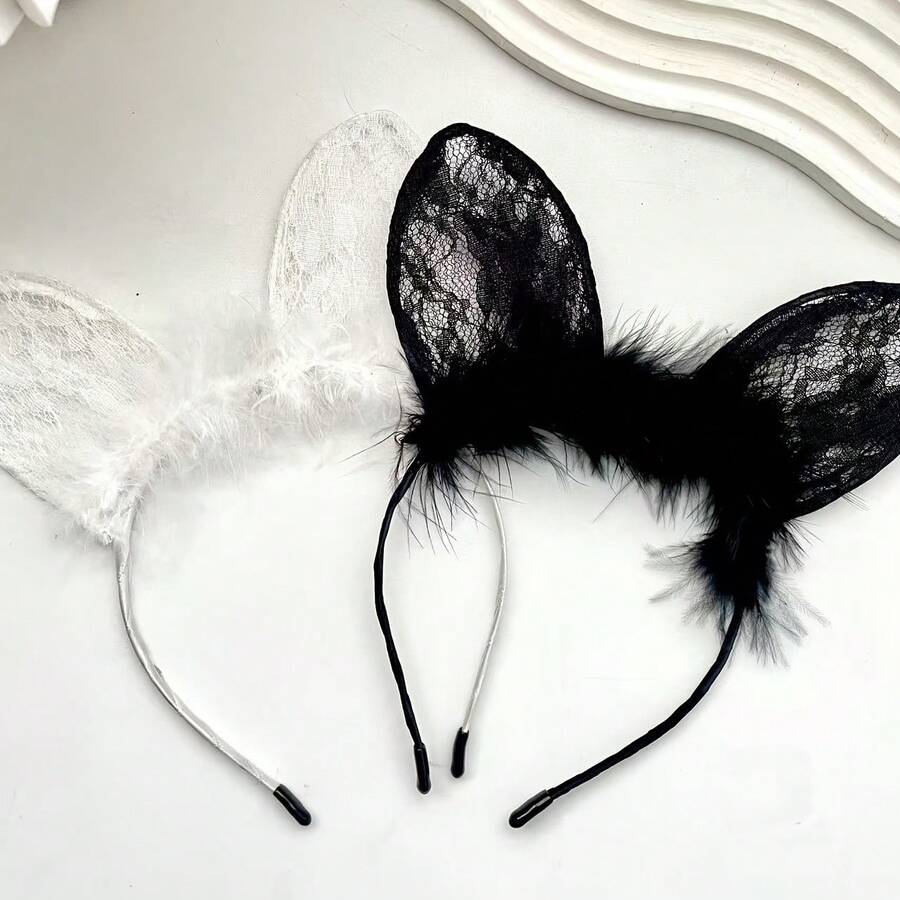 2pcs Korean Cute Lace Rabbit Ear Headband For Women, Influencer Face Wash Hair Hoop, Sexy Rabbit Ear Cosplay Makeup Hair Accessory - Multicolor - View 1