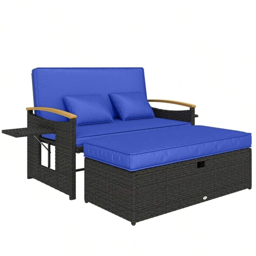 Double Garden Rattan Daybed, Wicker Sun Bed Chaise Lounger With Storage Ottoman, 4-Level Adjustable Backrest On-Site - 1 - View 1