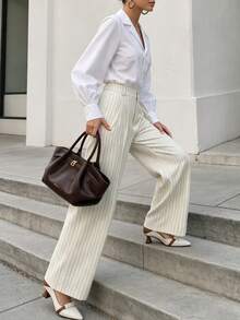 Women Fall Pinstripe Wide Leg Suit Pants High Waist Pleated Back Elastic Waistband Office Trousers With Pockets - Apricot - View 9