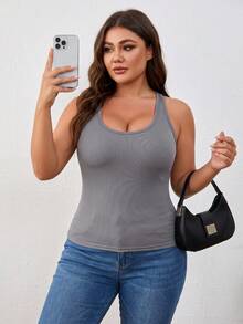 Plus Size 2-In-1 Ribbed Tank Top Built-In Molded Cup Racerback Cami For Women Fall Layering Daily - Grey - View 5
