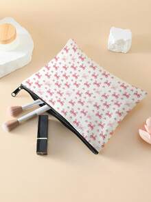 1pc Pink Bow Print Makeup Bag, Zipper Closure Portable Toiletry Organizer Storage Bag For Small Items For Daily Use Business Trip Travel - MLH - View 1