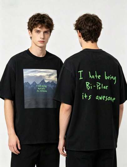 Men's Vintage Oversized T-Shirt, Mountain Landscape And Slogan Print Front And Back, Crew Neck Short Sleeve Casual Streetwear Top