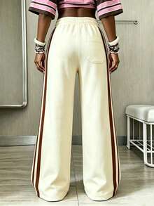Casual Versatile Side Stripe Wide Leg Sweatpants, Elastic Waist Drawstring Sports Long Pants, Suitable For Daily/Street Style/Fitness Workout Fall - Khaki - View 3