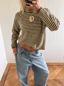 Women's Knitted Striped Long Sleeve Pullover Sweater , Vacation , Fall Winter, Office - Coffee Brown - View 1