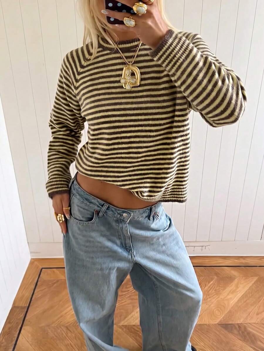 Women's Knitted Striped Long Sleeve Pullover Sweater , Vacation , Fall Winter, Office - Coffee Brown - View 1