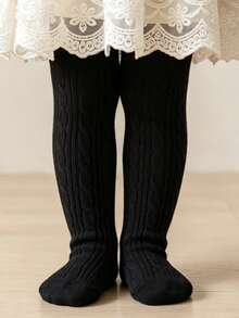 1 Pair Twisted Cable Fine Vertical Striped Candy Color Girls Tights, Solid Color Kids Socks For All Seasons, Double Needle Girls Tights - Black - View 12