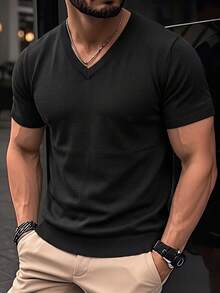 Men's Solid Color V-Neck Short Sleeve Knit Sweater, Simple Commuter Thin Pullover Top, Business Casual Short Sleeve T-Shirt, Spring/Autumn - Black - View 4
