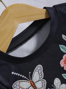 Setelan Anak Perempuan Lengan Panjang Motif Kupu-kupu & Bunga, Atasan Pinggang Berkerut Samping & Celana Panjang Lebar, 2 Potong, Musim Semi/Gugur - Hitam - View 6