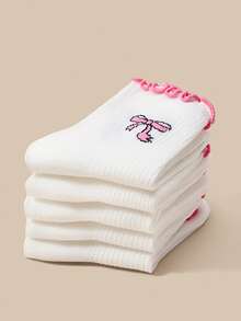 5 Pairs Spring/Summer Girls White Preppy Style Socks With Pink Lace ...