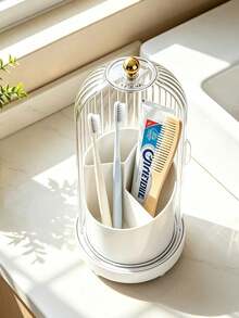 Rotating Toothbrush Holder With Sliding Cover - Freestanding Bathroom Storage Organizer, Can Hold Toothbrushes, Toothpaste, Makeup Brushes And Cosmetics - Transparent Plastic Design With Gold Accents, No Electricity Required Toothbrush And Toothpaste Holder - Multicolor - View 5