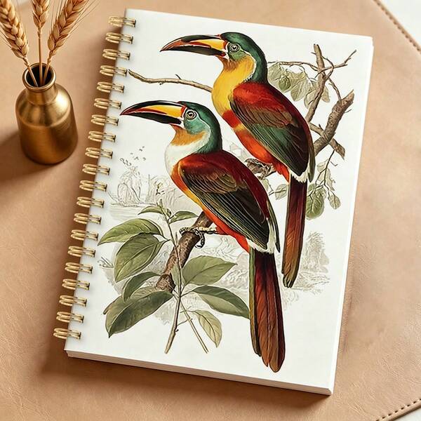 1 pieza Cuaderno espiral de arte natural con tucán vibrante e ilustración vintage, cuaderno espiral A5 de hojas sueltas, adecuado para diario, aprendizaje, regalo y uso de oficina
