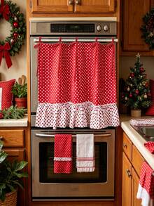1Pc,Oven Skirt With Red Curtains With White Dot Cotton Cloth Pleated Skirt, Lace-Up Bowknot Trim, Pockets, Suitable For Placing Kitchen Utensils Or Organizing Small Items,DIY Apron,Multi-Functional Stove Protective Curtain, Cafe Small Window Curtain - Red - View 2